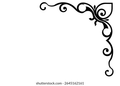 A black silhouette vector illustration of a corner ornament featuring intricate swirls and floral motifs against a white background. The style is ornate and reminiscent of vintage designs.