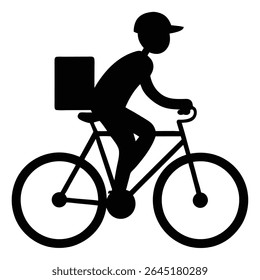 Black silhouette vector illustration of a courier riding a bicycle carrying a box on the back. Simple graphic style against a white background.