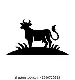 A black silhouette vector illustration of a cow standing proudly on a grassy hill.