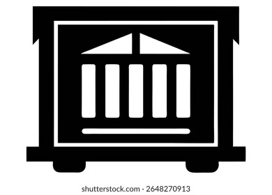 Ilustración vectorial de silueta negra de una caja con un diseño arquitectónico de fachada simplificado en su frente La Imagen es minimalista y utiliza solo blanco y negro.