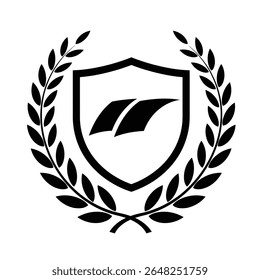 A black silhouette vector illustration of a crest icon encircled by a laurel wreath against a white background. The crest is a simple shield shape with a stylized graphic inside.