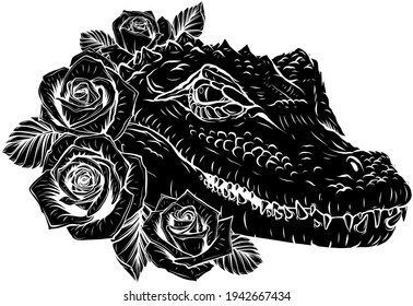 black silhouette of Vector illustration of crocodile head with roses