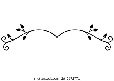 Black silhouette vector illustration of a curved floral vine with leaves and swirls on a white background. Simple elegant design.