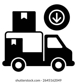 Ilustración vectorial de silueta negra de un camión de reparto que lleva una caja con un ícono de flecha de Descarga. Estilo gráfico simple contra un fondo blanco.