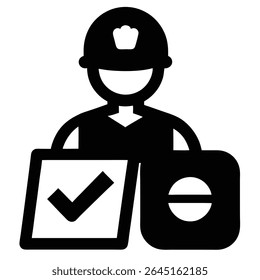 Black silhouette vector illustration of a delivery person wearing a helmet holding a package and a checkmark symbol on a white background. The style is simple and bold.