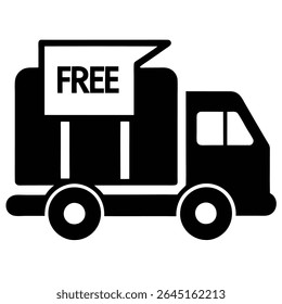 A black silhouette vector illustration of a delivery truck with a Free banner on top against a white background. The style is simple and bold.