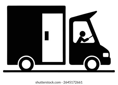 Black silhouette vector illustration of a delivery truck with a driver inside The image is simple and minimalist with a black and white color scheme.