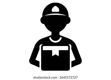 Black silhouette vector illustration of a delivery boy in a cap holding a package against a white background. The style is simple and minimal.