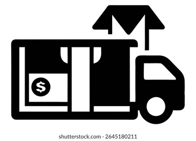 Black silhouette vector illustration of a delivery truck carrying a package with a dollar sign inside The style is simple and minimal against a white background.