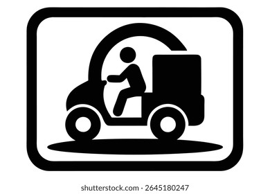 A black silhouette vector illustration of a delivery person driving a small vehicle with a cargo area within a bold black square frame against a white background.