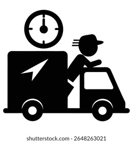 Ilustração de vetor de silhueta preta de um motorista de caminhão de entrega com um relógio acima do veículo sugerindo entrega no mesmo dia. Estilo gráfico simples em fundo branco.