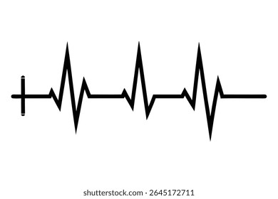 A black silhouette vector illustration depicting a detailed ECG heartbeat graphic against a white background The line is thick and irregular showing peaks and valleys.