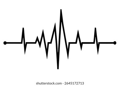 A black silhouette vector illustration depicting a detailed ECG heartbeat graphic against a white background The line is thick and irregular showing peaks and valleys