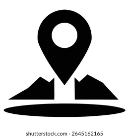 A black silhouette vector illustration depicts a GPS location marker positioned above stylized mountains a simple graphic design