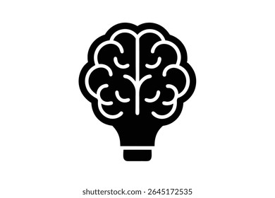 A black silhouette vector illustration depicts a brain shaped like a lightbulb against a white background The style is simple and bold