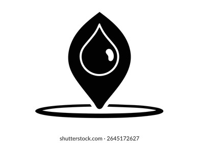 A black silhouette vector illustration depicts a drop of liquid inside a location pin shape resting on a circular base. The style is simple and minimalist.