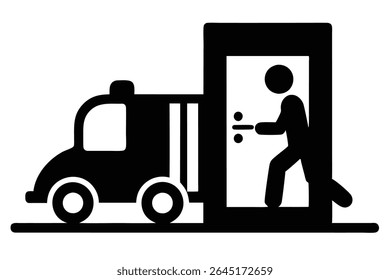 Uma ilustração de vetor de silhueta preta representa um pequeno caminhão ao lado de uma porta onde uma pessoa está entrando. O estilo é simples e mínimo.