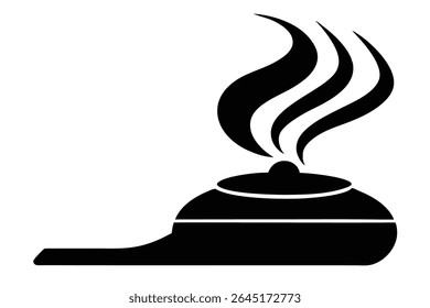 A black silhouette vector illustration depicts a pot with curling smoke rising from its top against a white background. The style is simple and minimalist.