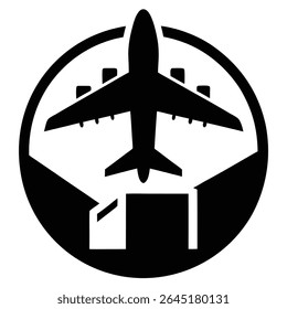 Uma ilustração de vetor de silhueta preta representa um plano de carga acima de uma caixa dentro de um quadro circular contra um fundo branco. O estilo é simples e gráfico.