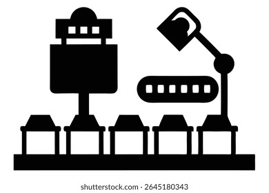 A black silhouette vector illustration depicts an automated sorting system with a conveyor belt and robotic arm against a white background. The style is simple and minimal.