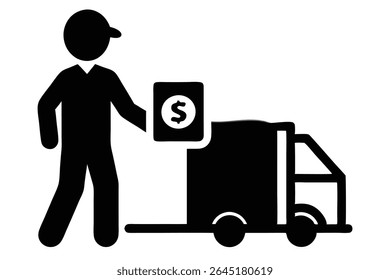 Uma ilustração de vetor de silhueta preta representa uma pessoa entregando um símbolo de dinheiro a um caminhão representando uma transação de pagamento na entrega contra um fundo branco.