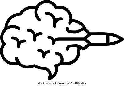 A black silhouette vector illustration depicts a brain launching a rocket The style is bold and simple with a strong contrast between black and white.