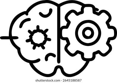 A black silhouette vector illustration depicts a brain with a large gear on one side and a smaller gear on the other. The style is simple and bold.