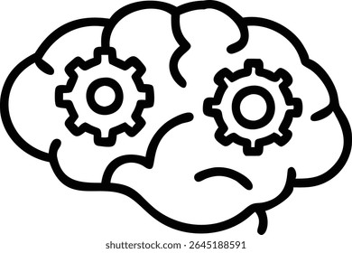 A black silhouette vector illustration depicts a brain with two gears inside It is a simple graphic with bold outlines against a white background.