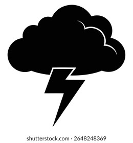 A black silhouette vector illustration depicts a cloud with a lightning bolt underneath It is a simple graphic with high contrast