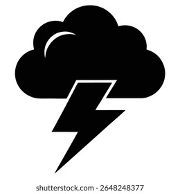 A black silhouette vector illustration depicts a stylized cloud with a lightning bolt underneath It is a simple graphic with high contrast