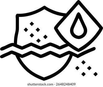 A black silhouette vector illustration depicts a shield with a water droplet symbol indicating water resistance. The shield shows stylized damage and water at the base.