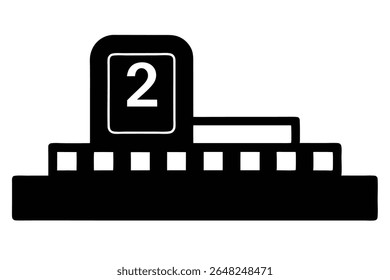 A black silhouette vector illustration depicts a second place podium with a number two prominently displayed. The style is simple and bold with a flat design.