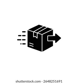 A black silhouette vector illustration depicts a box with an arrow indicating return against a white background. The box has simple lines suggesting taped seams. The style is minimalist.