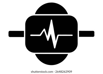 A black silhouette vector illustration depicts a pulse tracker device The central square displays a white pulse waveform The design is simple and minimal against a white background