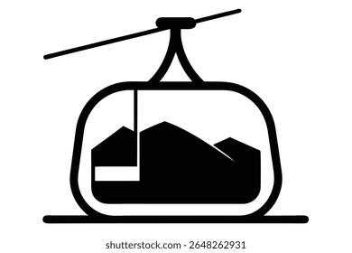 A black silhouette vector illustration depicts a ski lift cable car against a white background. The car shows a stylized mountain range inside. The style is simple and bold.