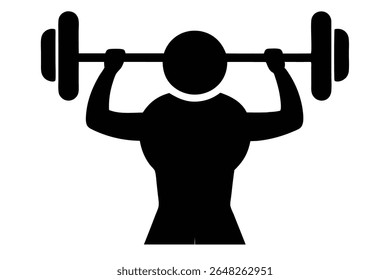 A black silhouette vector illustration depicts a person performing a shoulder press exercise with a barbell against a white background The style is simple and bold