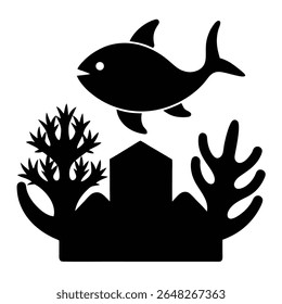 A black silhouette vector illustration depicts a fish above a stylized coral reef The image is simple and minimalist with a stark contrast between black and white