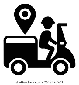 A black silhouette vector illustration depicts a delivery person on a scooter with a location pin above a delivery box. The style is simple and bold.