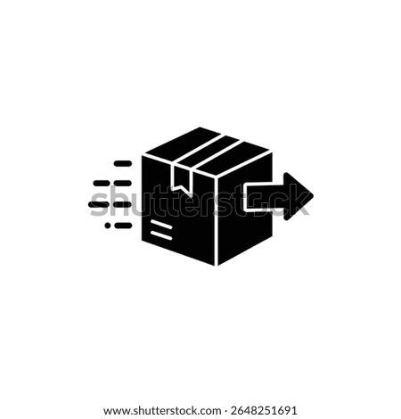 A black silhouette vector illustration depicts a box with an arrow indicating return against a white background. The box has simple lines suggesting taped seams. The style is minimalist.