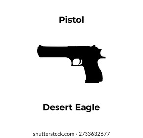 A black silhouette vector illustration of a Desert Eagle handgun, centered on a white background with the labels Pistol above and Desert Eagle below.