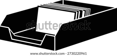 A black silhouette vector illustration of a document tray or inbox filled with papers, ideal for office workflow concepts.