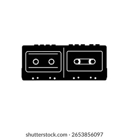 Black silhouette vector illustration of a double cassette tape player against a white background The image is simple and features a flat design style.