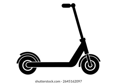 Ilustración vectorial de silueta negra de un scooter eléctrico sobre un fondo blanco. La Imagen es simple y minimalista en estilo.