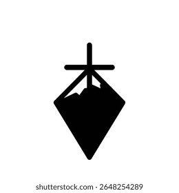 A black silhouette vector illustration of an elevation marker icon against a white background The icon is a diamond shape with a cross at the top and stylized mountain peaks within.