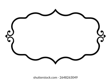 A black silhouette vector illustration of an empty rococo style frame against a white background The frame features ornate swirls and scrolls.