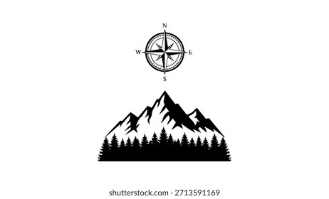 Schwarze Silhouette, Vektorgrafik mit einer stilisierten Bergkette mit einer dichten Kiefernlinie am Fuße, positioniert unter einer klassischen Kompassrose, die Kardinalrichtungen angibt. Ideal für