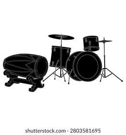 A black silhouette vector illustration featuring the traditional Indonesian *kendang* and a drum set, set against a white background. 114