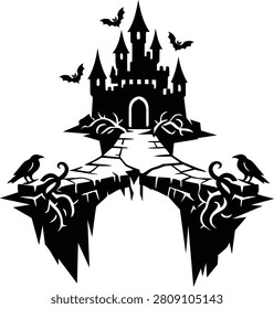 A black silhouette vector illustration featuring a spooky castle with flying bats and a stone bridge with ravens.