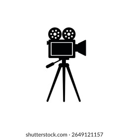 A black silhouette vector illustration of a film camera on a tripod against a white background The style is simple and minimalist