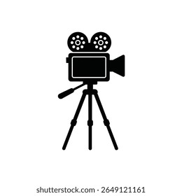 Black silhouette vector illustration of a film camera on a tripod against a white background. Simple flat design.